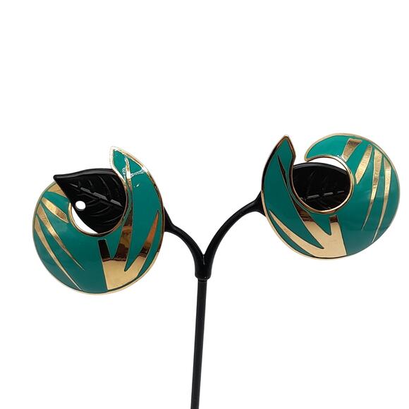 Vintage L. Bott Enamel Earrings, Clip On, Gold Tone, 1980s - Picture 6 of 11